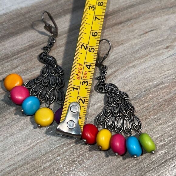 Peacock earrings woman’s 3” dangling multi colored animal bohemian  SilverTone - Picture 4 of 6